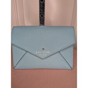 KATE SPADE MONDAY Leather Saffiano Envelope Small Clutch Wallet purse Light Blue